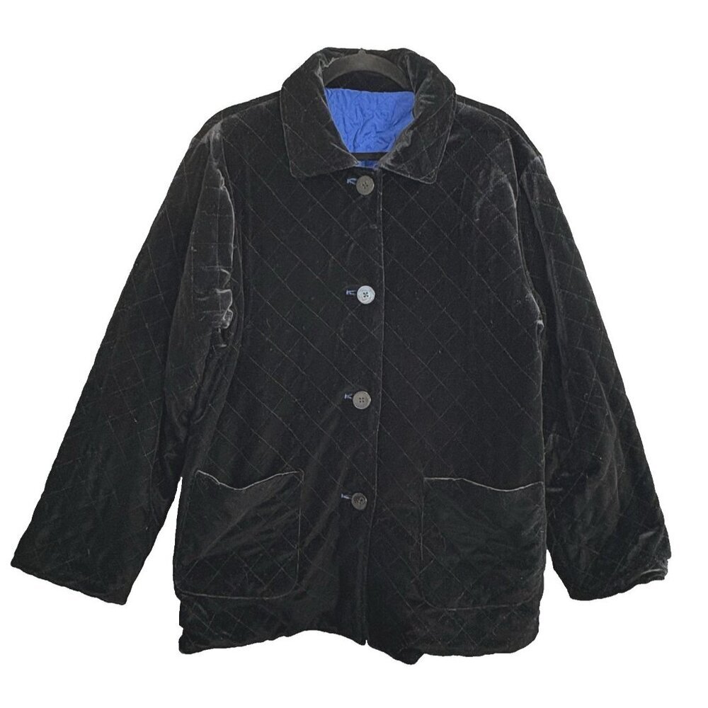 Vtg LINEA Louis Del Olio Women Velvet Silk Coat Reversible Sz L Black Blue‎ ch-2